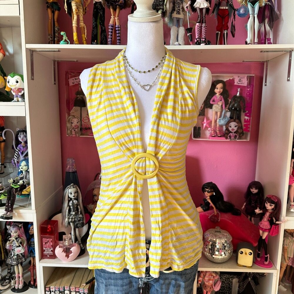 Vintage Y2K Taboo Yellow White Striped O-Ring Vest Top Small